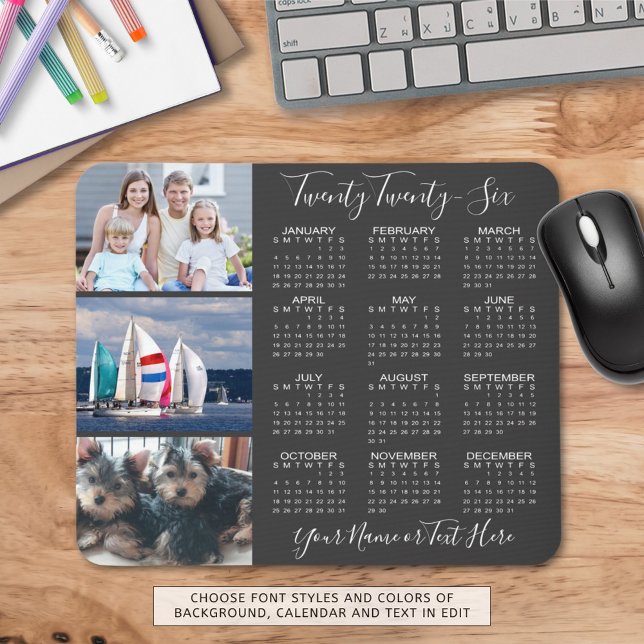 Modern 2026 Calendar 3 Photo Script Custom Colour Mouse Pad (Creator Uploaded)