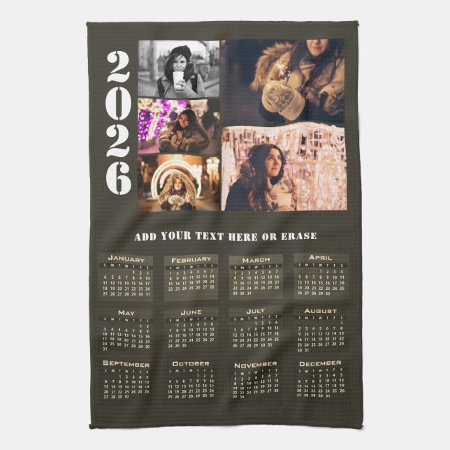 Modern 2026 Calendar 5 Photo Collage Magnet Card Tea Towel (Vertical)