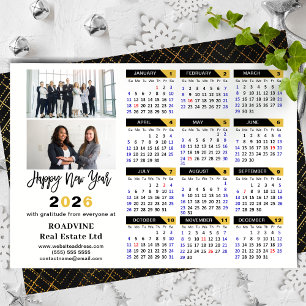 Modern 2026 Calendar Corporate 2 Photo Black Gold Holiday Card