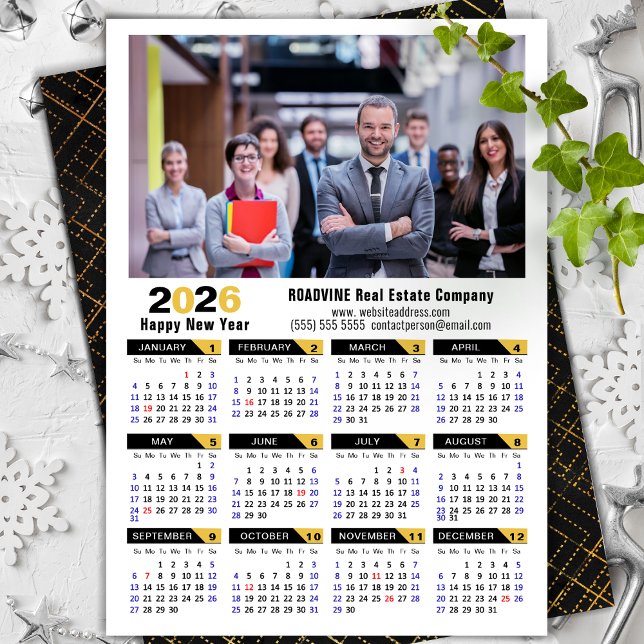Modern 2026 Calendar Corporate Photo Black Gold  Holiday Card (Creator Uploaded)