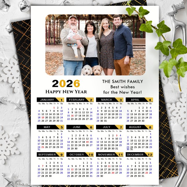Modern 2026 Calendar Photo Black Gold Minimalist Holiday Card (Creator Uploaded)