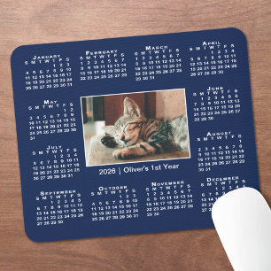 Modern 2026 Calendar Your Photo Name on Navy Blue Mouse Pad