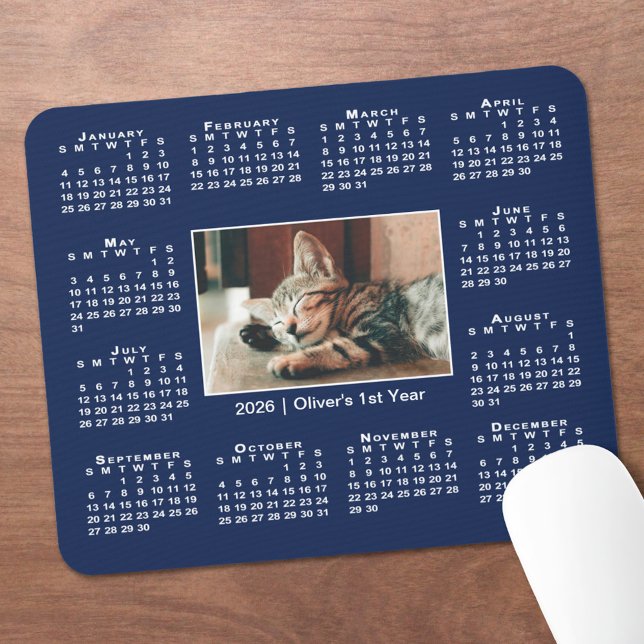 Modern 2026 Calendar Your Photo Name on Navy Blue Mouse Pad (Modern 2026 Calendar Your Photo Name on Navy Blue Mouse Pad, in situ)