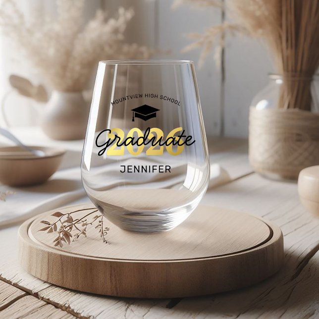 Modern 2026 Graduate Name Stemless Wine Glass (Creator Uploaded)