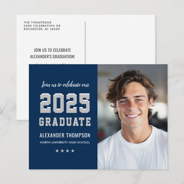 Modern 2026 Graduate Navy Gray Photo Graduation Invitation Postcard (Front/Back)