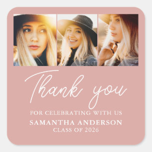 Modern 2026 Graduation Pink Photo Thank You Square Sticker