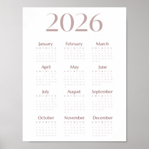 Modern 2026 Minimalist One-Sheet Calendar Poster