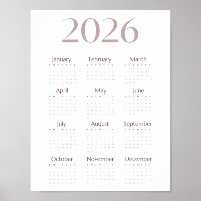 Modern 2026 Minimalist One-Sheet Calendar Poster (Front)