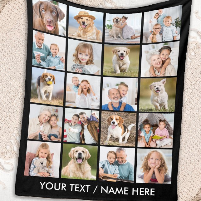 Modern 20 Photo Collage Personalised Black Fleece Blanket (Creator Uploaded)
