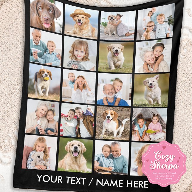 Modern 20 Photo Collage Personalized Black Sherpa Blanket (Creator Uploaded)