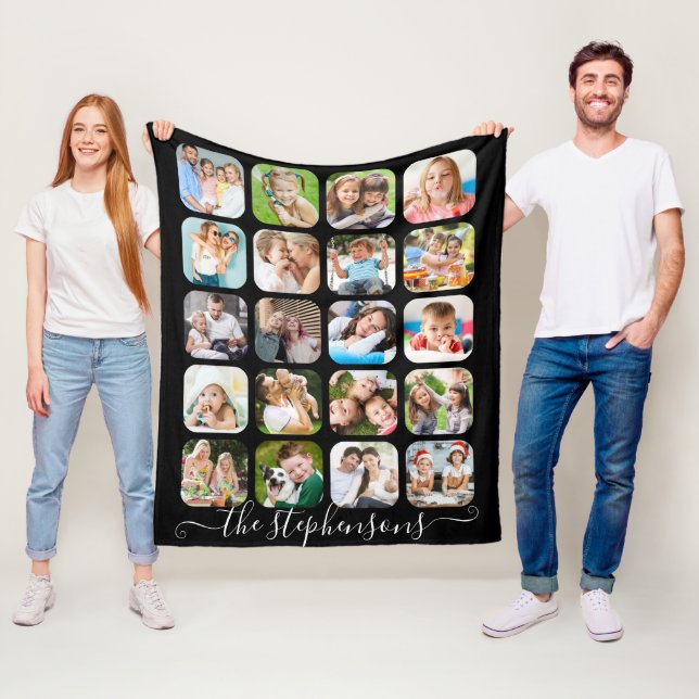 Modern 20 Photo Collage Script Name Fleece Blanket (In Situ)