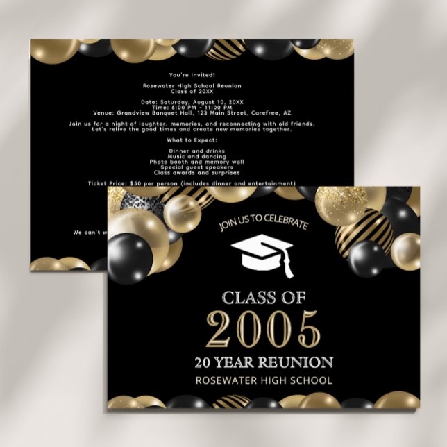 Modern 20 Year Class Reunion Black Gold Invitation (Creator Uploaded)
