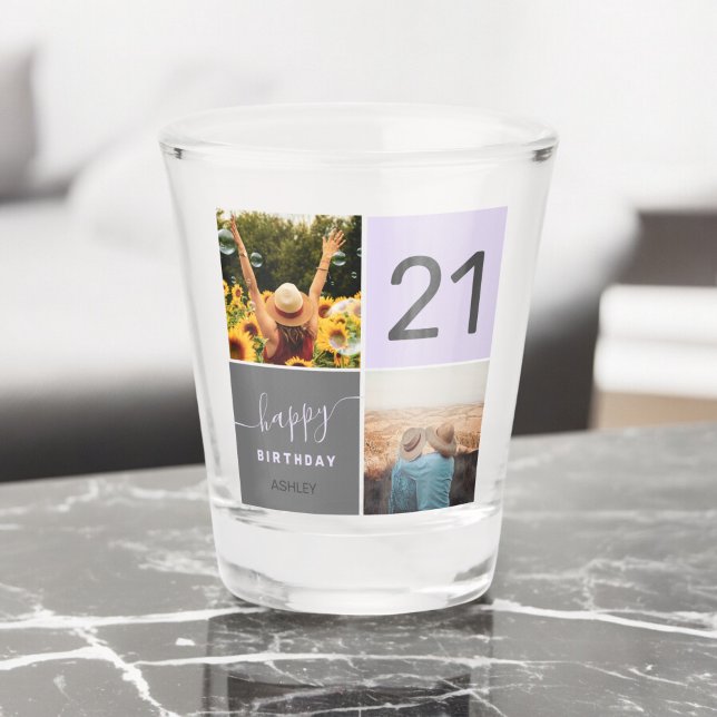 Modern 21 birthday purple 2 photo collage grid shot glass (Modern 21 birthday purple 2 photo collage grid shot glass)