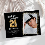 Modern 21st Adult Birthday Photo Thank You Card<br><div class="desc">Elegant 21st birthday party thank you cards featuring a stylish black background that can be changed to any colour,  a photo of the birthday girl / boy,  gold sparkly glitter,  twenty one gold hellium balloons,  and a modern thank you template that is easy to personalise.</div>