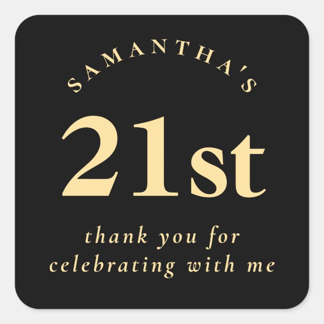 Modern 21st Birthday Black and Gold Thank You Square Sticker (Front)