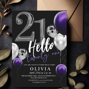 Modern 21st Birthday Black Silver Purple Balloons  Invitation