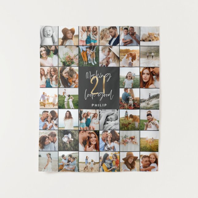 Modern 21st birthday multi photo script gift tapestry (Front)