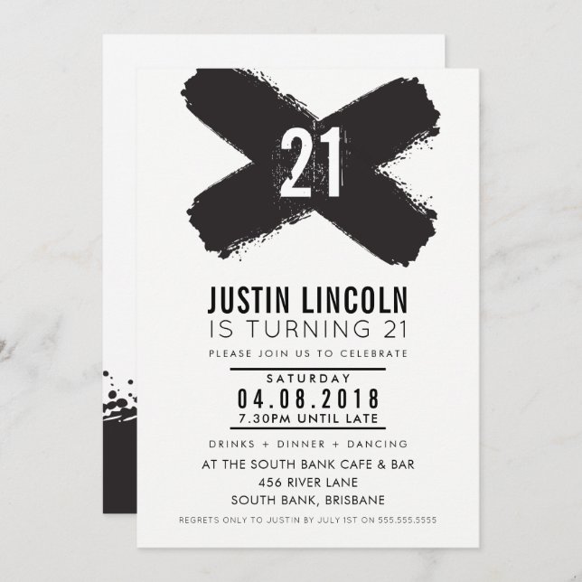 MODERN 21st birthday party black brush strokes Invitation (Front/Back)