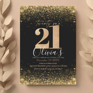 Modern 21st Birthday Party Black Gold Glitter Invitation