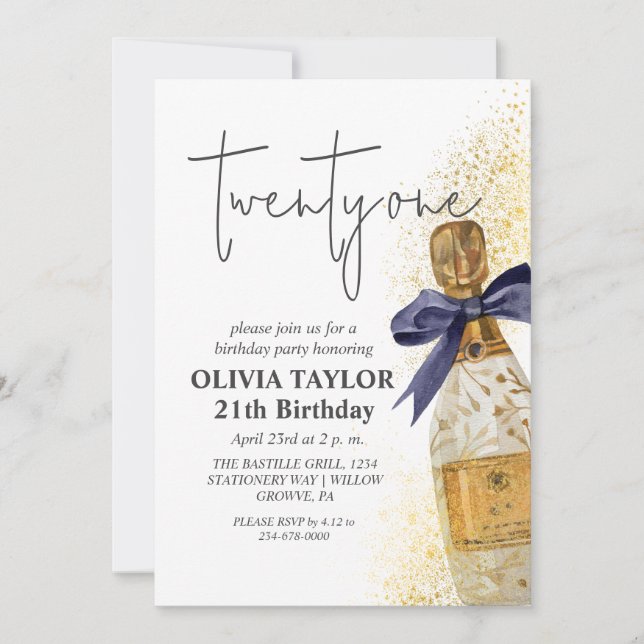 Modern 21st Birthday Party Champagne Invitation (Front)