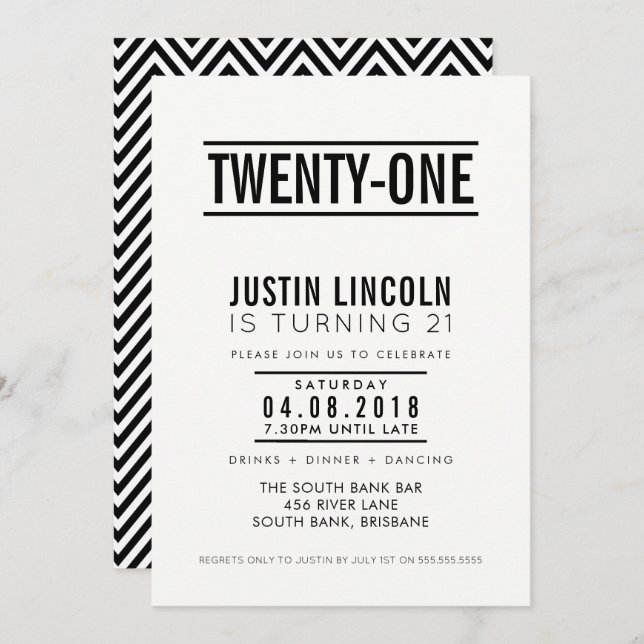 MODERN 21ST birthday party INVITE plain black (Front/Back)