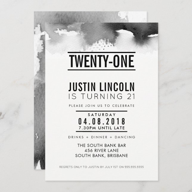MODERN 21ST birthday party INVITE type black (Front/Back)