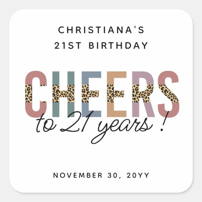 Modern 21st Birthday Party Leopard Print Square Sticker (Front)