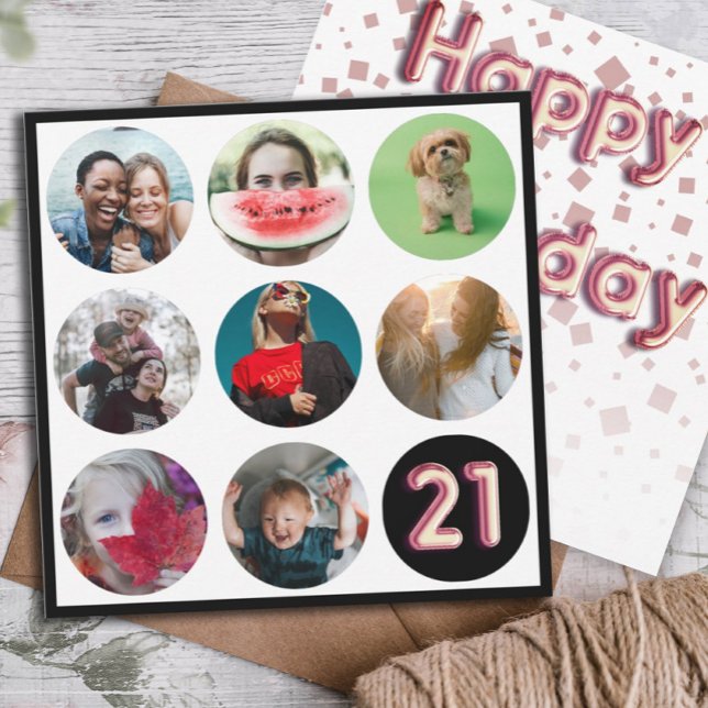 Modern 21st Birthday Photo Collage & Balloon Text  Holiday Card (Creator Uploaded)