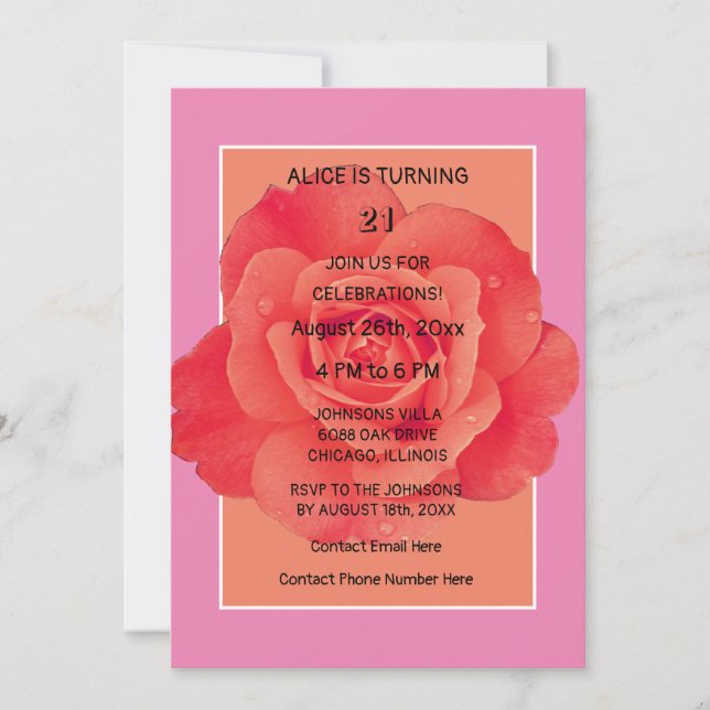 Modern 21st Birthday Pink Orange Floral Rose Invitation (Front)