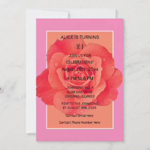 Modern 21st Birthday Pink Orange Floral Rose Invitation