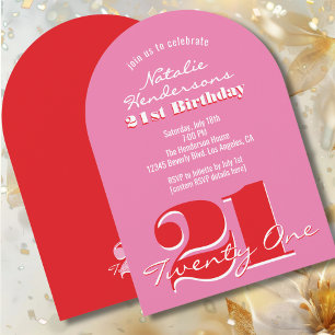 Modern 21st Birthday Pink Red Bold Typography Invitation