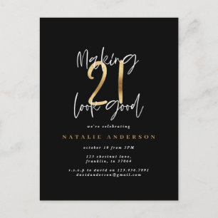 Modern 21st birthday typography black and gold postcard