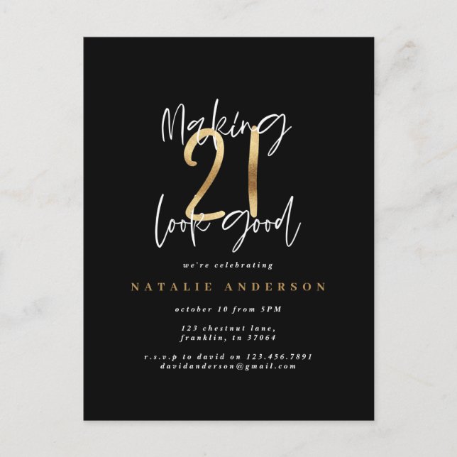 Modern 21st birthday typography black and gold postcard (Front)
