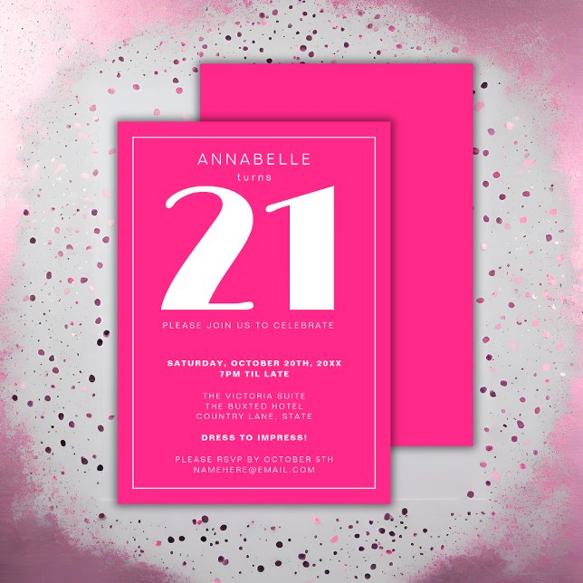 Modern 21st Twenty One Hot Pink Birthday Party Invitation (Modern Pink 21st Birthday Party Invitation for Her – Elegant & Customizable)