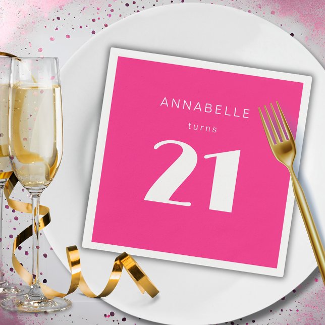 Modern 21st Twenty One Hot Pink Birthday Party Napkin (Hot pink custom paper napkins for girls 21st birthday party celebrations and party decor. )