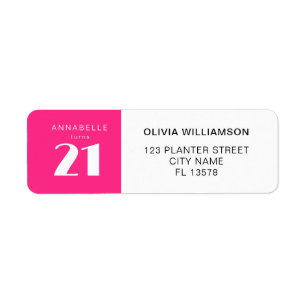 Modern 21st Twenty One Hot Pink Birthday Party Return Address Label