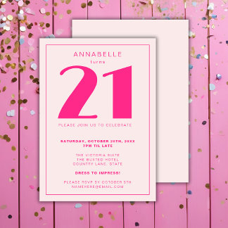 Modern 21st Twenty One Pink Birthday Party Invitation