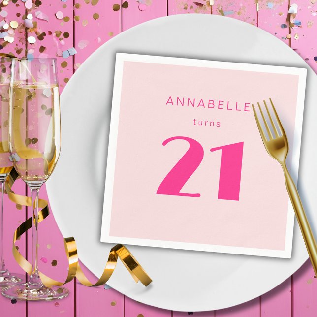 Modern 21st Twenty One Pink Birthday Party Napkin (Blush pink custom paper napkins for girls 21st birthday party celebrations.)