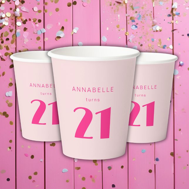 Modern 21st Twenty One Pink Birthday Party Paper Cups (Blush pink custom paper cups for girls 21st birthday party celebrations.)