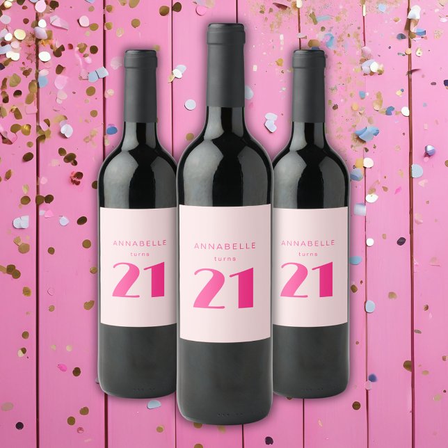 Modern 21st Twenty One Pink Birthday Party Wine Label (Blush pink custom wine bottle labels for girls 21st birthday party celebrations.)
