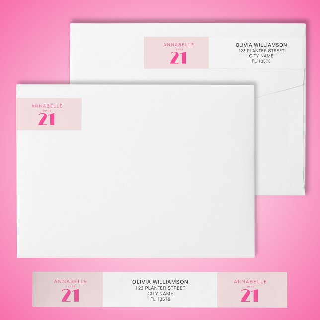 Modern 21st Twenty One Pink Birthday Party Wrap Around Label (Modern pink wrap around return address labels for modern pink girls 21st twenty one birthday)