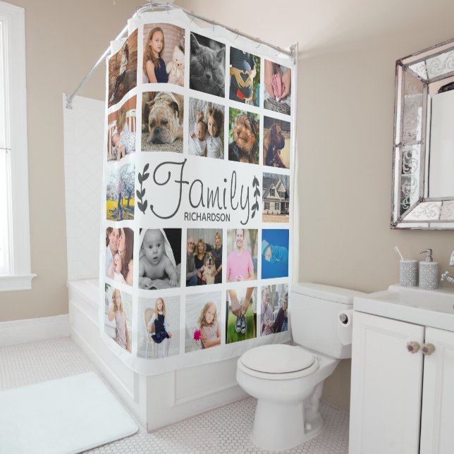 Modern 22 Family Photo Collage & Name Shower Curta Curtain (In Situ)