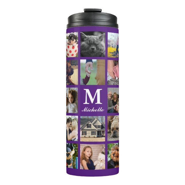 Modern 24 Family Photo Collage with Initial & Name Thermal Tumbler (Front)