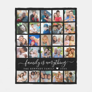 Modern 25 Photo Collage Quote Family Name Black Fleece Blanket
