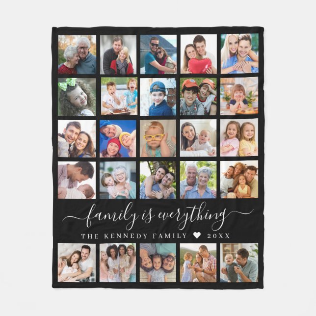 Modern 25 Photo Collage Quote Family Name Black Fleece Blanket (Front)
