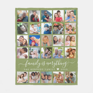 Modern 25 Photo Collage Quote Family Name Green  Fleece Blanket