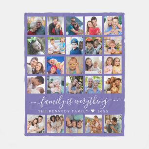 Modern 25 Photo Collage Quote Family Name Purple  Fleece Blanket
