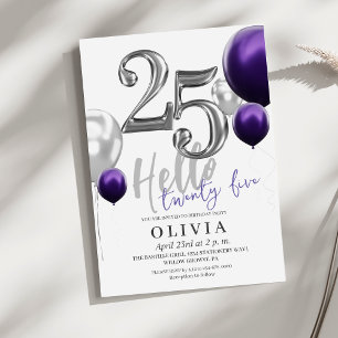Modern 25th Birthday Party Silver Purple Balloons  Invitation