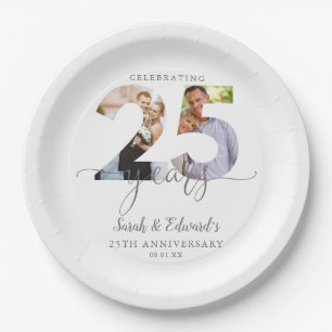 Modern 25th Wedding Anniversary 2 Photo Paper Plate