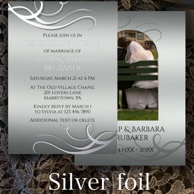 Modern 25th Wedding Anniversary Arch Photo Silver (Customize this elegant stylish silver foil 25th wedding anniversary party invitation with arch photo)